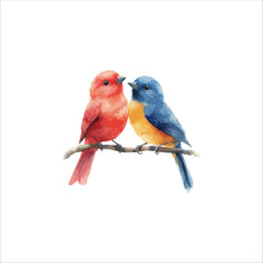 Watercolor lovebirds couple on a branch clipart. love Birds and heart watercolor illustration.