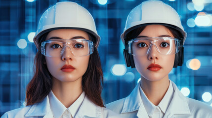Two female engineers in safety helmets and glasses, focused on automated processes in modern manufacturing environment