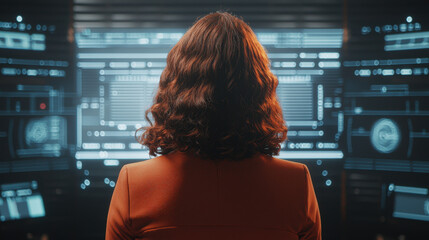 Professional woman analyzing data on futuristic screens, showcasing technology and innovation in modern workspace