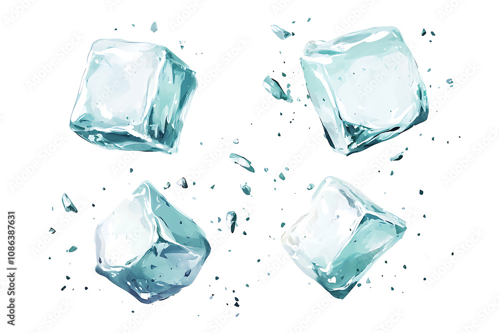 Poster a collection of ice cubes with splashes, showcasing transparency and texture.