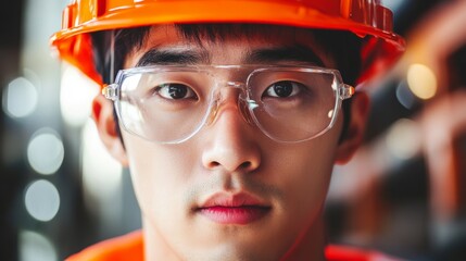 A focused man in safety glasses and a hard hat, embodying determination and professionalism, ready for a challenging task in a construction environment.