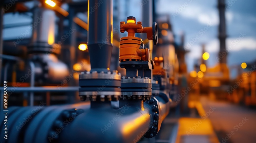 Poster industrial pipeline with valves and control systems illuminated at dusk, featuring metallic componen