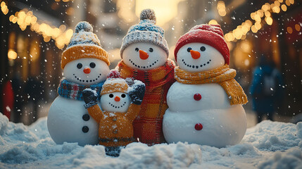 Fototapeta premium Three snowmen family ready for winter in hats and scarves, set in a snowy scene. Ideal for winterthemed designs. Generated AI