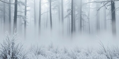 Frosty mist rising from the ground in a winter forest, cold climate, wintery scene
