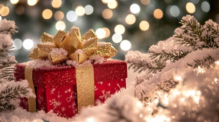 A vibrant red gift box adorned with a shimmering gold bow, radiating joy and anticipation for the special occasion ahead.
