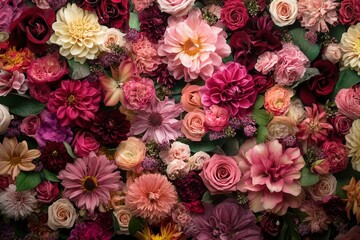 A vibrant floral arrangement with a mix of roses, dahlias, and other blooms in various shades of pink, red, and white.