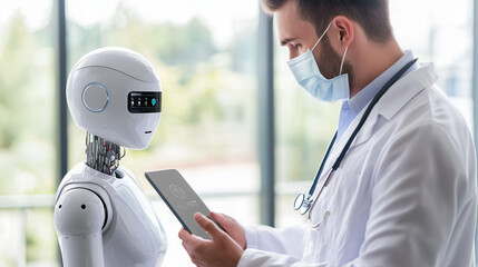 The Future of Healthcare: A doctor in a surgical mask examines data on a tablet alongside a humanoid robot, envisioning the potential of artificial intelligence in modern medicine.  