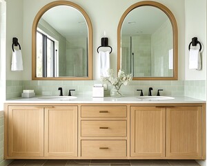 Modern bathroom with soft oak cabinets, oversized arched mirrors, and light green tiles for a refreshing look ,