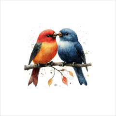 Watercolor lovebirds couple on a branch clipart. love Birds and heart watercolor illustration.