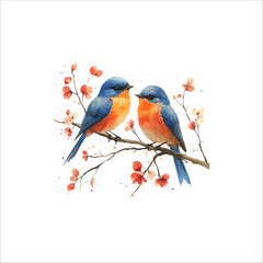 Watercolor lovebirds couple on a branch clipart. love Birds and heart watercolor illustration.