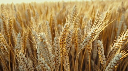 Fototapeta premium Golden wheat sways gently in the breeze, creating a vibrant tapestry across the sunlit field, symbolizing abundance and the beauty of natures harvest.