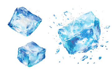 Obraz premium Three ice cubes, one broken, showcasing a clear, icy texture with blue highlights.