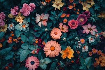 A vibrant floral background featuring a variety of colorful flowers and lush greenery.