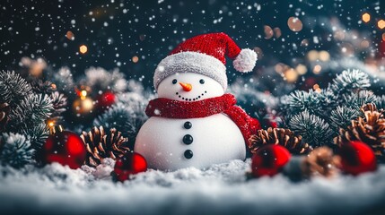 A cheerful snowman adorned with a scarf and hat, standing proudly amidst a blanket of glistening snow, evoking a joyful winter spirit.