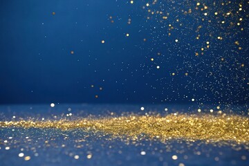 Obraz premium Gold glitter overlay on a deep blue background, gold accents, festive atmosphere