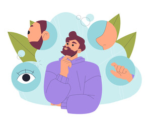 Obraz premium Means of feeling. Man thinks about his senses. Vision, taste, hearing, touch and smell. Hand, nose, eye and ear. Medical infographics. Flat vector illustration isolated on white background