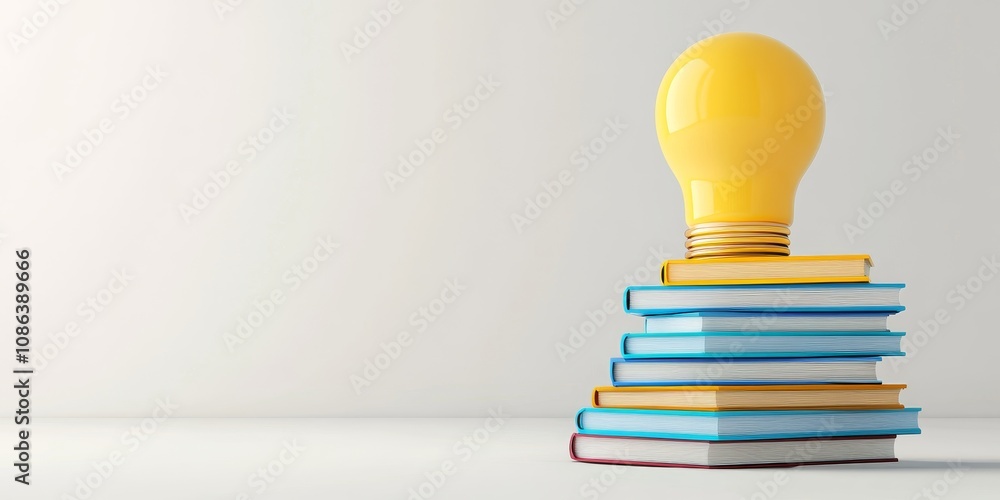 Aufkleber yellow light bulb on top of a stack of books.