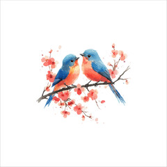 Watercolor lovebirds couple on a branch clipart. love Birds and heart watercolor illustration.