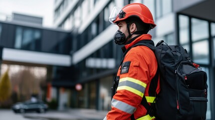 Fototapeta premium Professional rescue worker in safety gear stands ready outdoors, showcasing preparedness and resilience in an urban emergency response scenario