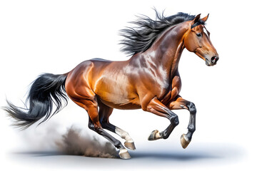 Obraz premium Bay Horse Galloping with Flowing Mane and Tail on White Background
