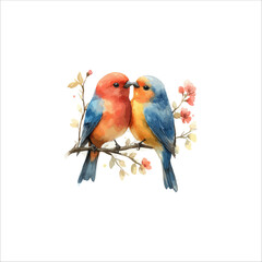 Watercolor lovebirds couple on a branch clipart. love Birds and heart watercolor illustration.