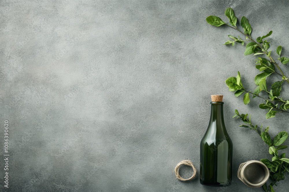 Poster a green glass bottle stands next to vibrant leaves and rustic twine, creating a simple yet elegant c