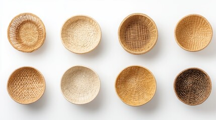 A collection of woven baskets displayed in a grid pattern, showcasing varying textures and natural colors.
