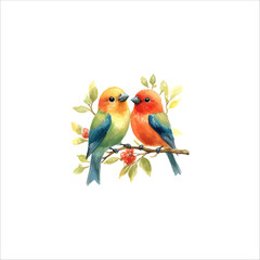 Watercolor lovebirds couple on a branch clipart. love Birds and heart watercolor illustration.