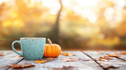 A charming coffee cup sits next to a pumpkin, surrounded by vibrant autumn leaves on a wooden table in a tranquil outdoor setting