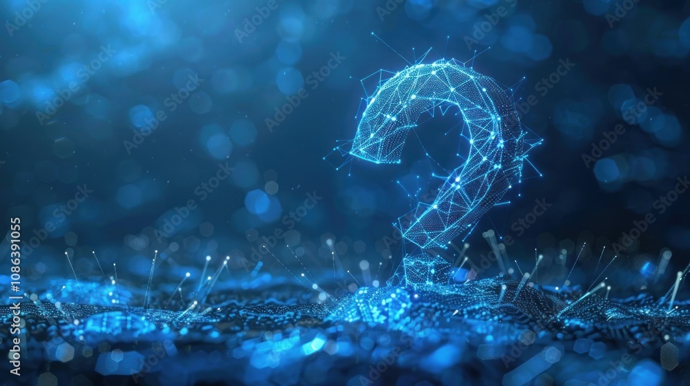 Poster a glowing blue question mark made of connected lines and dots stands on a blue sparkly surface again