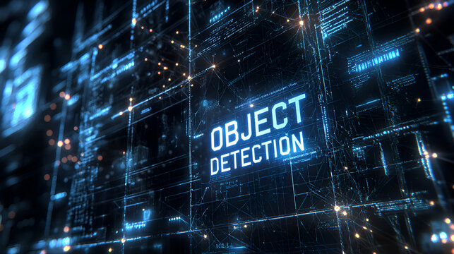 Futuristic Digital Interface Showcasing Object Detection and Machine Learning in Cybersecurity and Data Analysis