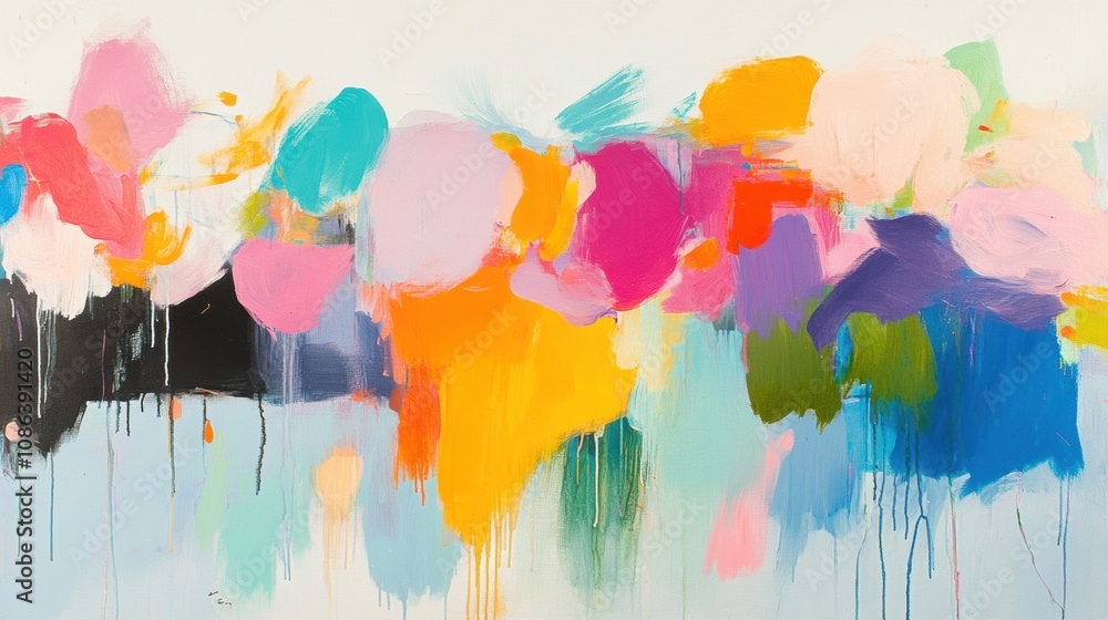 Poster a vibrant abstract painting with bold brush strokes in various colors, creating an expressive and dy