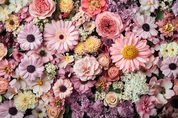 A vibrant mix of pink, white, and yellow flowers, creating a beautiful floral background.