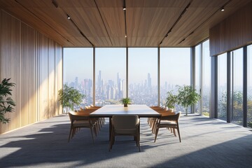 Modern conference room with large windows overlooking a city skyline.