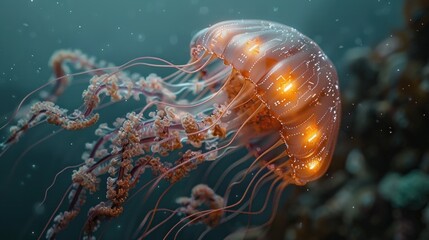 Futuristic bioluminescent jellyfish underwater.