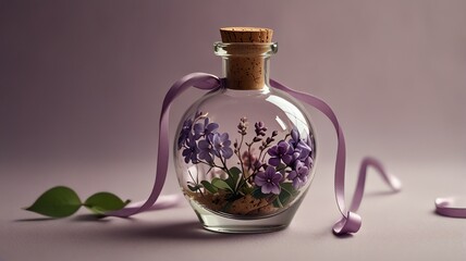 a bottle of flowers with a purple ribbon around it.