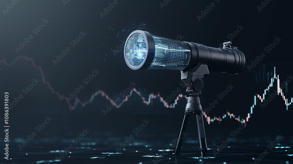 Poster forecasting the future: a futuristic telescope reveals a cryptic data stream against a backdrop of d