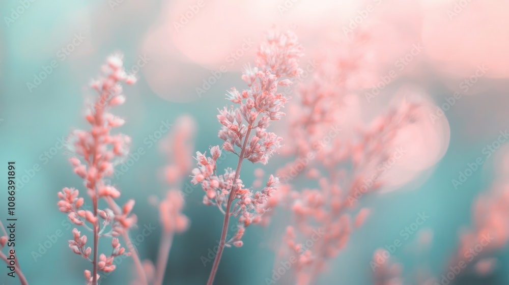Poster pink flowers gracefully stand out in a soft light, creating a tranquil and inviting atmosphere in a 