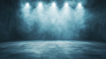 Stage lights cast a striking glow in an empty theater, surrounded by a misty haze that enhances the dramatic setting before a performance