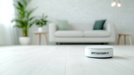 A sleek vacuum cleaner glides effortlessly across the floor, maintaining cleanliness in a bright and modern living area