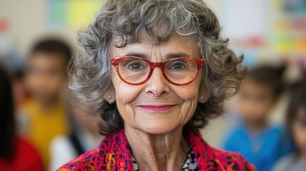 An elderly teacher smiles warmly while interacting with her enthusiastic students in a vibrant classroom filled with learning materials
