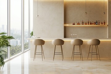 Minimalist bar counter with four bar stools and a city view.