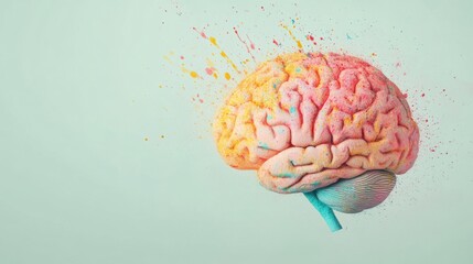 Artistic brain model with bright, colorful splashes, symbolizing creativity, imagination, and abstract thinking on a minimal background.
