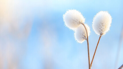 Fototapeta premium Winter's Delicate Embrace: Three fluffy seed heads on a slender stem, bathed in soft, pastel light against a blurred sky. A tranquil image evoking serenity and the quiet beauty of nature. 