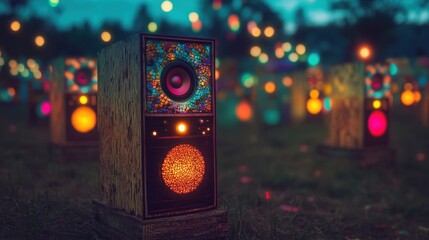 Artistic image of a retro-style speaker with vibrant stained glass and festival lights in a night...