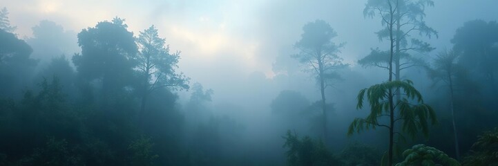 Obraz premium Misty morning forest with blended foliage and skies of soft blues and greens, natural scenery, blurred foliage, gentle atmosphere