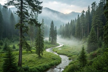 Fototapeta premium Misty morning in a dense green forest with towering trees and a winding stream, stream, wilderness, trees, water, vegetation
