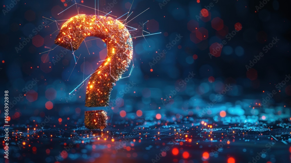 Poster a glowing question mark made of particles and lines on a dark blue background with bokeh lights.