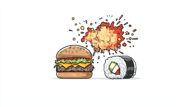 Burger vs Sushi: A cartoon illustration depicting a burger and sushi in a clash of culinary styles. The burger is depicted as a formidable competitor with an explosion of cheese and sauce.