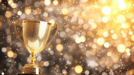 The golden trophy gleams under bright bokeh lights, symbolizing success and recognition at a celebratory occasion or award ceremony